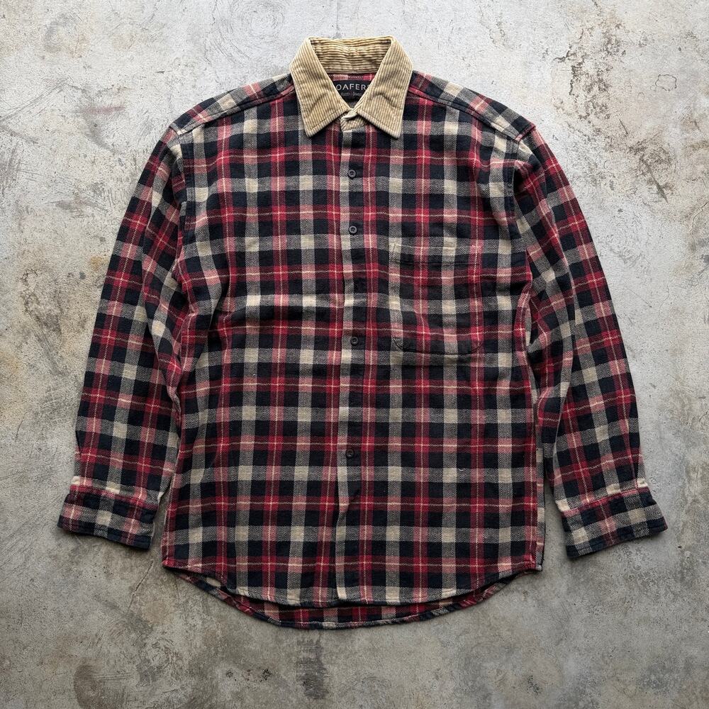 Vintage 80s woven Heavy Flannel Corduroy Collar Plaid Shirt Men’s Medium